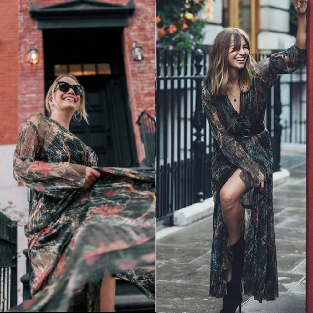 ba&sh Hendrix Floral Metallic Plissé Knit Long Sleeve Maxi Dress Size 0 XS Black - Picture 2 of 15